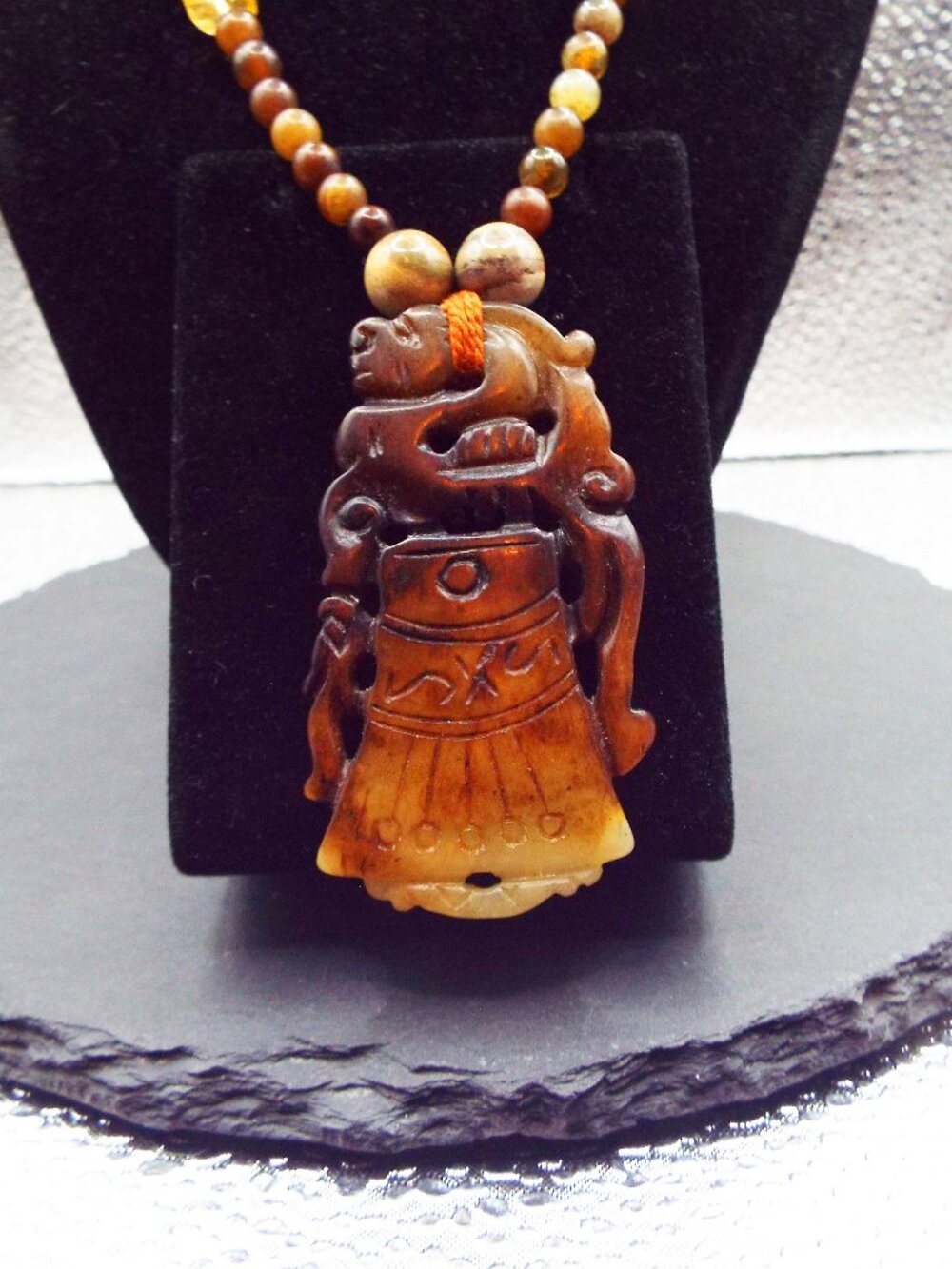 CARVED MYTHICAL AMBER SOAPSTONE DRAGON ON STONE BEAD NECKLACE ORIG. $85.00 NWT